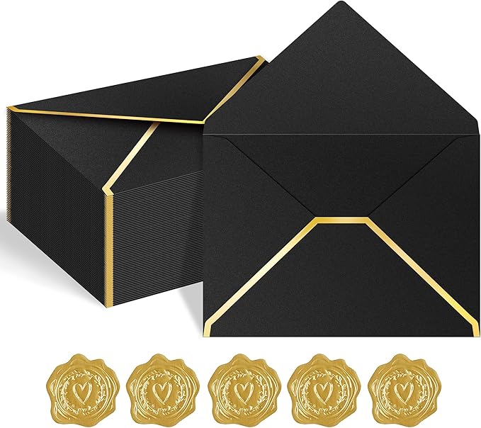 60 Pack Gold Envelopes 5x7 Bluk Black, 250G Pearled Cardstock A7 Envelopes for Invitations Business Mailing Envelope with Gold Foil Border, A6 4x6 Envelopes for Wedding Baby Shower Cards