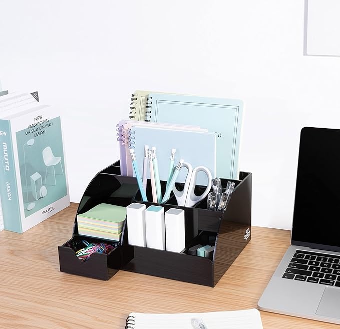 Black Desk Organizer with 9 Compartments - Desktop Office Supplies and Desk Accessories Organizer