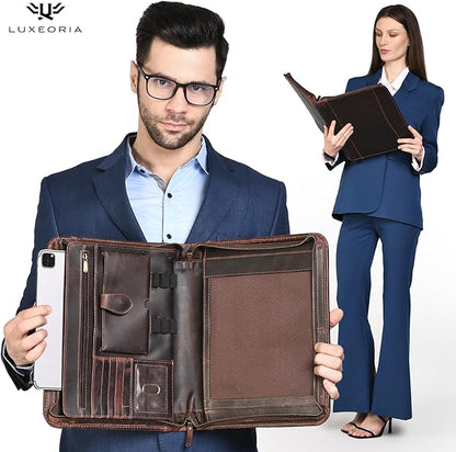 Leather Portfolio Binder, Professional Organizer Padfolio – Resume Folder, Business Card & Document Holder, Portfolios for Men & Women, Office & Business Supplies by Luxeoria | (Large - Brown)