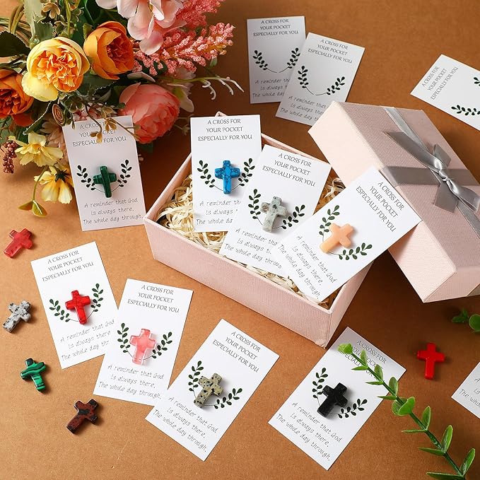 Tioncy 40 Sets Pocket Hug Token Bulk Greeting Cards with Cross Crystal Stones Religious Keepsake Exchange Bookmarks Relationship Gift for Friends Colleagues Family Distance Social Present(Classic)
