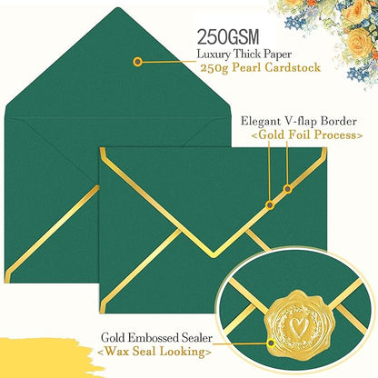 60 Pack Gold Envelopes 5x7 Bulk Green, 250G Pearled Cardstock A7 Envelopes for Invitations Business Mailing Envelope with Gold Foil Border, A6 4x6 Envelopes for Wedding Baby Shower Cards