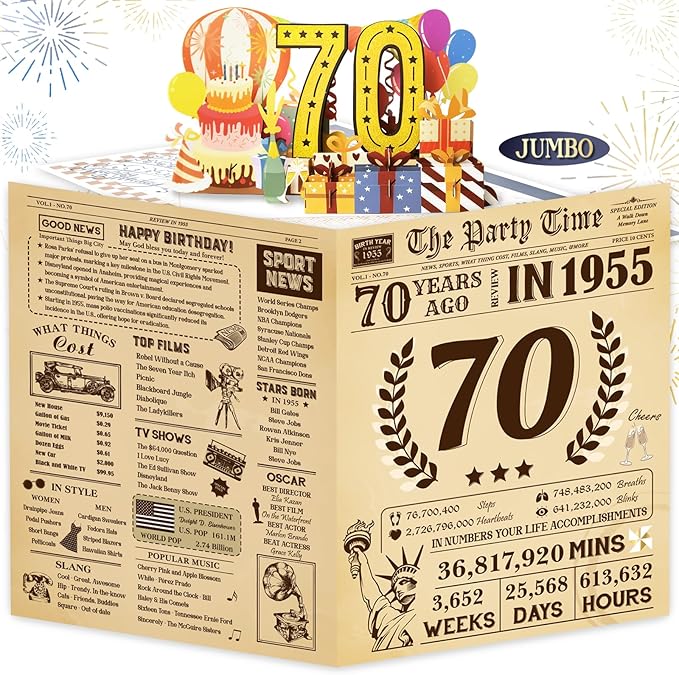 Funny 70th Birthday Card for Women Men, 3D Pop Up 70th Birthday Decorations for Her Him, Happy 70th Birthday Gifts for Grandma Grandpa, Jumbo 70 Year Old Birthday Card, Review of 1955, Classy (8"x10")