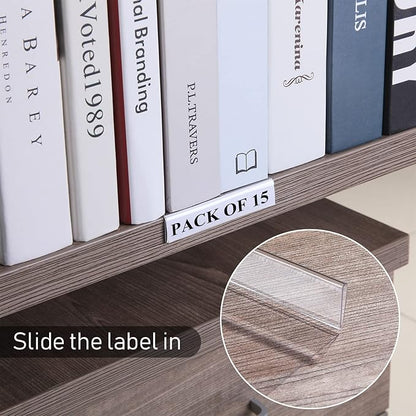 Containlol 15 Pieces Moveable Shelf Label Holders Clear Transparent Shelves Tags Index Card Pockets Library Markers Label Display Holder for Classroom Office Book(3.03 x 9.06 x 0.63 Inch)