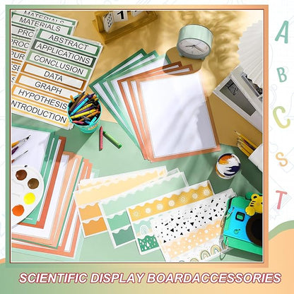 90 Pcs Science Fair Board Supplies 60 Trim Scalloped Bulletin Board Borders 24 Presentation Board Subtitles 6 Science Fair Titles for Classroom Display Boards(Geen Boho)