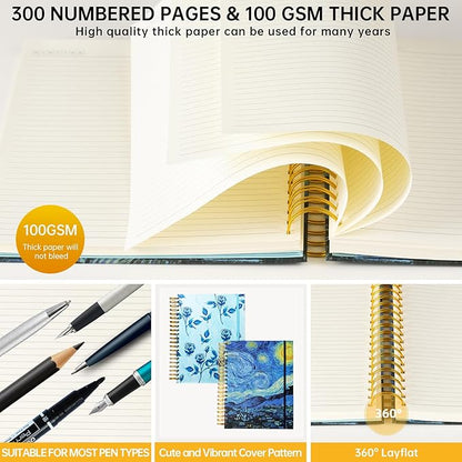 300 Pages Journal 100GSM Pages 3 Pockets Thick Superhard Cover Spiral Notebook 8.5x11 college ruled Spiral Journal Van Gogh Notebook Spiral Bound Journals for Women Writing School, Gift Starry Night Notebook