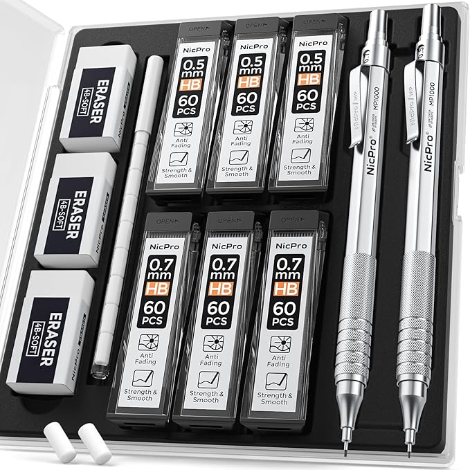 Nicpro 2 PCS Mechanical Pencil 0.5mm & 0.7 mm with Case, MP1000 Metal Artist Pencil Set with 6 Tubes HB Lead Refills, 3 Erasers, 9 Eraser Refills For Art Writing Drafting, Drawing, Sketch, Silver