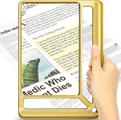5X Full Page Magnifying Glass for Reading, Lightweight Rectangular Magnifier Provides Large Book Page Viewing Area, Handheld Magnifier for Reading Small Prints for Seniors, Low Vision-Gold