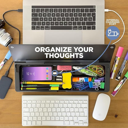 Desktop Dry Erase Board - Glass Erase Board - Black Desk Computer Buddy – Home Office & Studying Essentials - Phone & Tablet Slot, Storage Compartment - Includes 4 Markers, 1 Eraser.