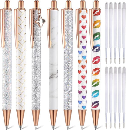 Sherr 7 Pcs Fancy Pens for Women Cute Sparkly Glitter Pens with 10 Pcs Black Ink Refills Pretty Gifts for Girls Office School Christmas Graduation(White,Novel)