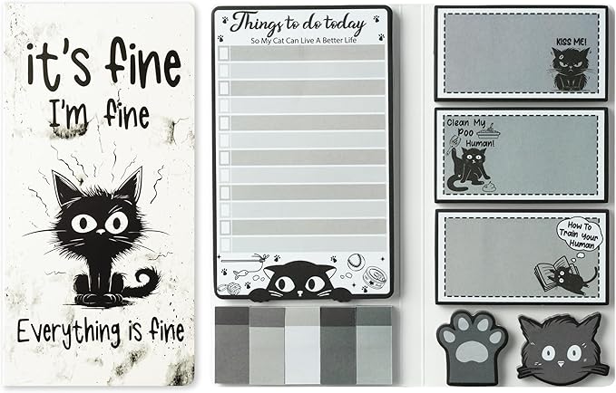 B1ykin Sticky Notes Set - Cartoon Theme Cute Self-Stick Notes Pad Teacher Appreciation Gifts， Self-Adhesive Writing Memo Pages Sticky to Do Notepad for Kids Employee School Office (Funny Black Cat)