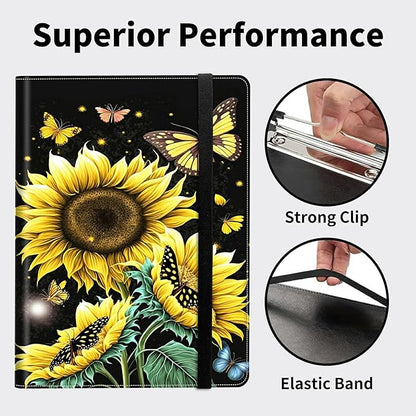 Padfolio Folder with Clipboard,Portfolios Organizer Clipboards with Storage Clipboard Writing Pad PU Leather Conference Document Organizer with Business Card Holder,Sunflower Butterfly
