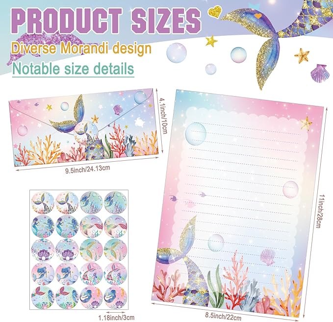 TaoBary 160 Packs Stationery Paper Set (50 Double Sided Stationery Writing Papers 50 Matching Envelopes) 60 Round Dot Sticker, 10 Design(Mermaid,8.5 x 11 Inch)