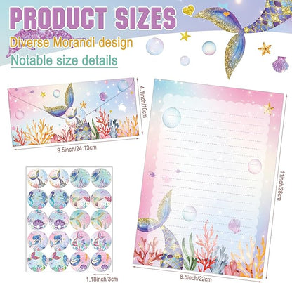 TaoBary 160 Packs Stationery Paper Set (50 Double Sided Stationery Writing Papers 50 Matching Envelopes) 60 Round Dot Sticker, 10 Design(Mermaid,8.5 x 11 Inch)
