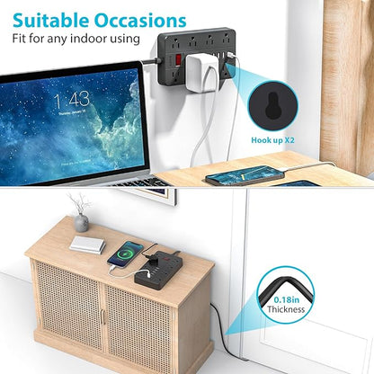 10ft Extension Cord Long Power Strip,AOFO 8 Widely-Spaced Outlets & 6 USB（1 USB C） Ports Flat Plug Power Strip,Power Cord for Wall Mountable and Desktop Black