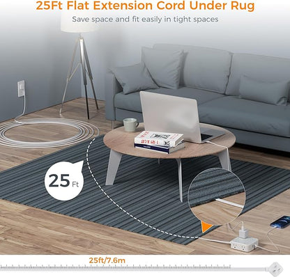 Flat Plug Long Extension Cord 25 Ft, TESSAN Power Strip Surge Protector with 8 Outlets 3 USB Ports (1 USB C), 900J Protection Desktop Charging Station for Home, Office, Dorm Room Essentials