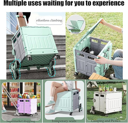 Foldable Utility Cart,Folding Portable Rolling Crate Handcart with Lid,Collapsible Aluminium Alloy Telescoping Handles,8 Wheels for Travel Shopping Climbing Stairs Moving Storage Office Use