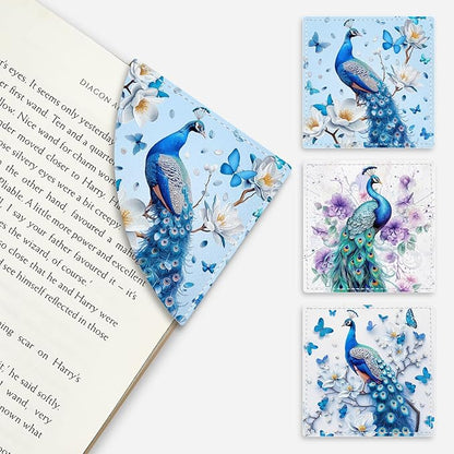 Peacock Corner Bookmarks, Cute Leather Book Accessories for Book Lovers, 3 Pcs Reading Book Page Markers for Women Men Student Teacher Girls Boys Kids Retirement Birthday Gifts