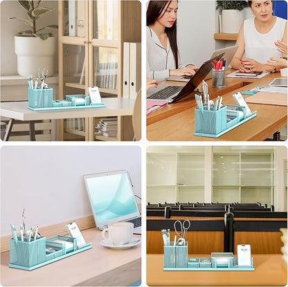 SUPEASY Pen Holder for Desk, 6 Piece Mesh Desk Organizer set, Desk Accessories for Office Organization with Mail Organizer, Letter Phone Holder, Sticky Notes Caddy Storage, Blue