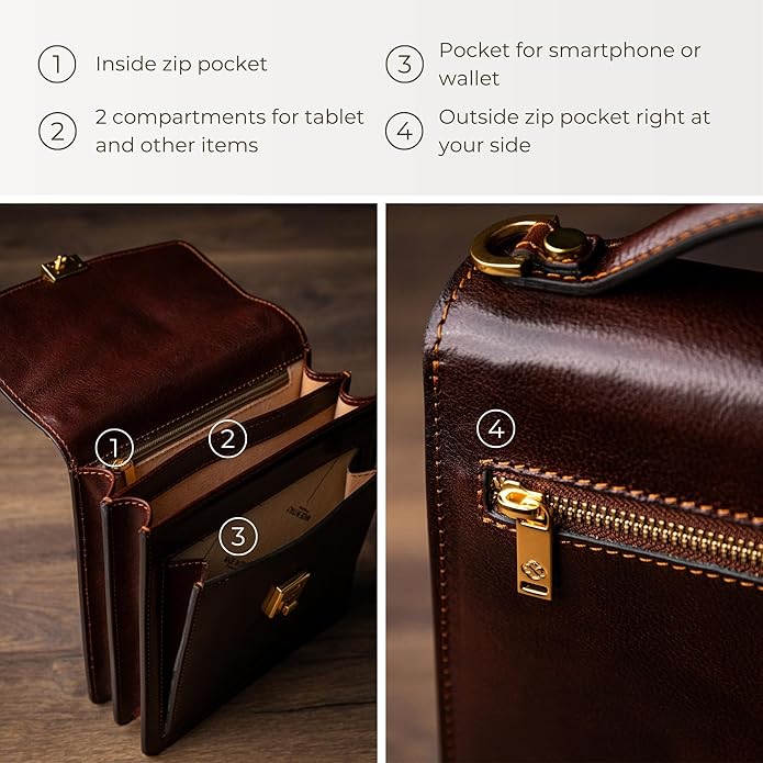 Time Resistance Small Leather Briefcase for Men - Crossbody Bag - Italian Leather Messenger Bag - Gift Box Included
