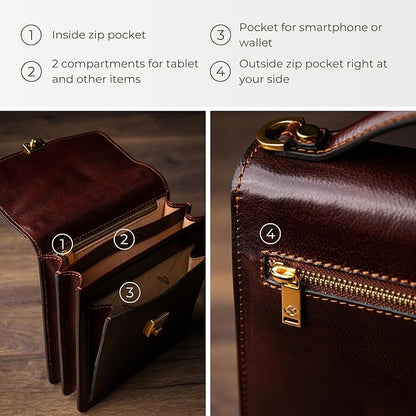 Time Resistance Small Leather Briefcase for Men - Crossbody Bag - Italian Leather Messenger Bag - Gift Box Included