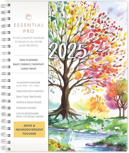 Essential PRO 2025 Daily, Weekly & Monthly Planner, 8.5"x11": 14 Months (Nov 2024 - Dec 2025) Monthly Tabs,Daily Tracking,Notes Pages,Storage Pocket,Bookmark w Sticky Notes (Tree Seasons)