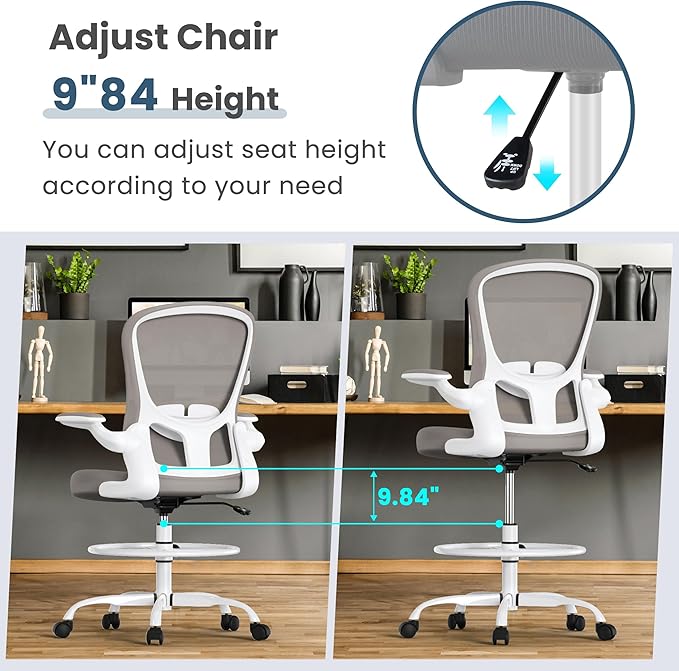 Drafting Chair, Tall Office Chair with Flip-up Armrests Executive Ergonomic Computer Standing Desk Chair, Office Drafting Chair with Lumbar Support and Adjustable Footrest Ring