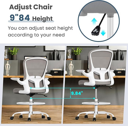 Drafting Chair, Tall Office Chair with Flip-up Armrests Executive Ergonomic Computer Standing Desk Chair, Office Drafting Chair with Lumbar Support and Adjustable Footrest Ring