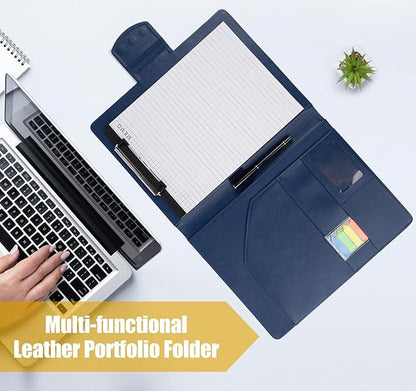 A4 Leather Portfolio Professional Organizer Padfolio,Interview Resume Folder with Magnetic Cover,Conference Document Organizer with Papers,Sticky Tabs,Pen,Work Folio for Women & Man,Retro Blue