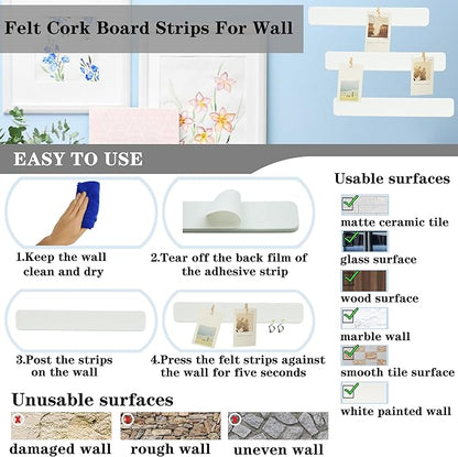 8Pcs Bulletin Board Strips, White Felt Pin Board Bar Strips with 50 Pushpins, Self-Adhesive Felt Cork Board Strips for Wall to Display Your Notes, Photos, Schedules, Announcements