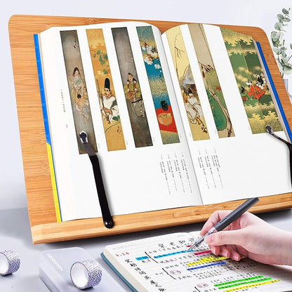 wishacc Book Stand XL-Large Size 15.4" x 11.0" Main Board-Adjustable Foldable Book Holder with Page Holder Clips - Holds Cookbooks, Receipe Books, Textbooks, Tablets, Laptops, Music Books, Documents