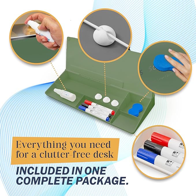 15-Inch Desktop Whiteboard - Glass Dry Erase Board for Desk Whiteboard with Stand with 3 Markers, Spray Bottle, 3 Cable Holders & Storage Box Work from Home Office Gadgets, Green