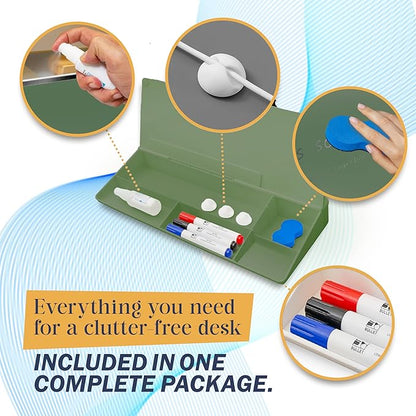 15-Inch Desktop Whiteboard - Glass Dry Erase Board for Desk Whiteboard with Stand with 3 Markers, Spray Bottle, 3 Cable Holders & Storage Box Work from Home Office Gadgets, Green