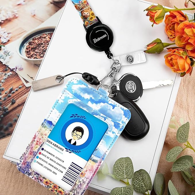 bolimoss Highland Cow Badge Holder and Adjustable Retractable Lanyards, Cute Lanyard for ID Badge Card, Breakaway Neck Lanyards with Badge Reels Quick-Release Buckles with Leather Card Badge Holders