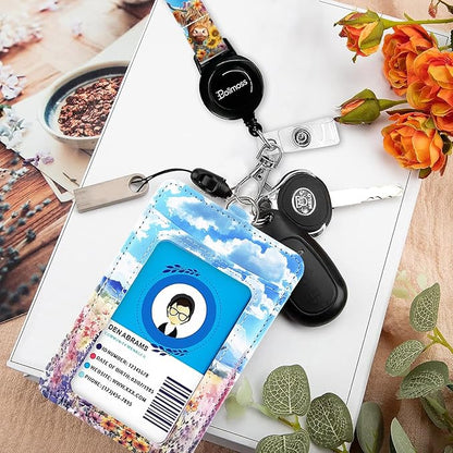 bolimoss Highland Cow Badge Holder and Adjustable Retractable Lanyards, Cute Lanyard for ID Badge Card, Breakaway Neck Lanyards with Badge Reels Quick-Release Buckles with Leather Card Badge Holders