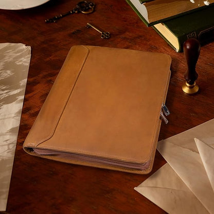 AZXCG Men's Genuine Leather Business Portfolio, Zippered Padfolio Organizer 3-Ring Binder, Organized Portfolio with Pen Rings, Business Card Holder, File Pocket, Holds 99% of iPad and Kindle Fire.