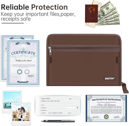ENGPOW Accordion File Organizer,Fireproof 13 Pockets Expanding File Folder,Document Organizer Folder with Zipper＆Labels,Portable Home Travel Safe Storage for Letter A4 Files and More,Brown