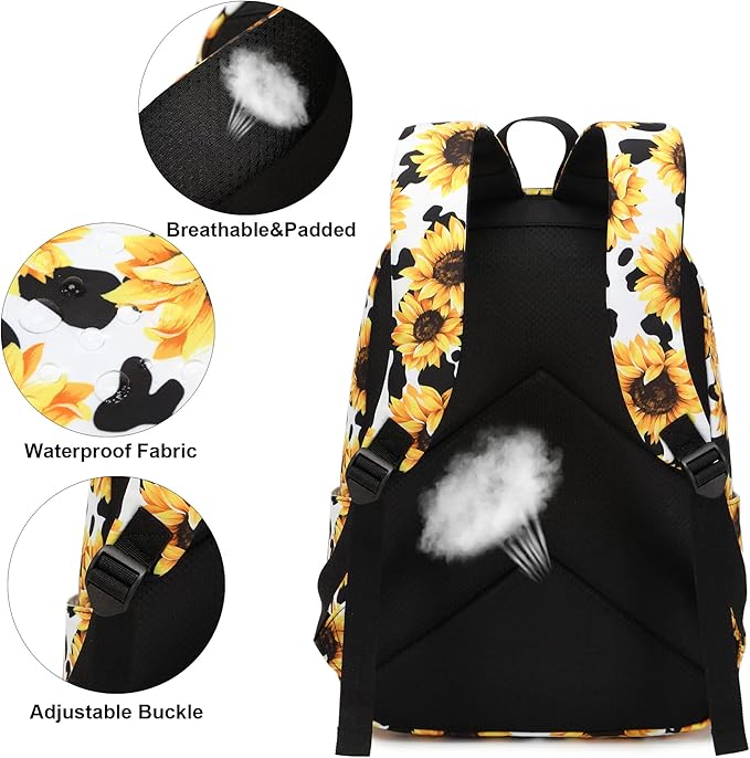 Sunflower Cow Print School Backpack for Teens Girls, Womens College Bookbags Kids School Bags Laptop Backpacks