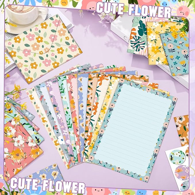 TaoBary 160 Packs Stationery Paper Set (50 Double Sided Stationery Writing Papers 50 Matching Envelopes) 60 Round Dot Sticker, 10 Design(Kawaii,5.5 x 8.25 Inch)