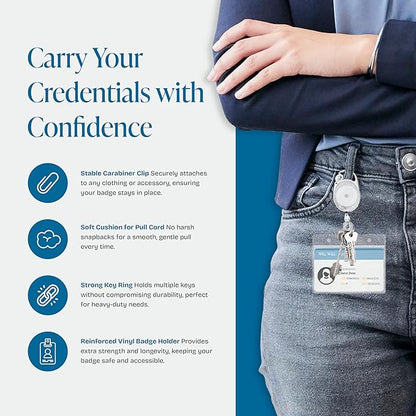 Will Well ID Badge Holders with Clip and Keyring - Horizontal Clear Plastic 3.7" x 2.5" Sleeves Fit Up to 3 Cards - Retractable 24" UHMWPE Fiber Pull Cords - 2-Pack, Transparent White Reels