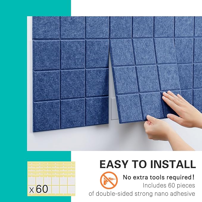 Large Cork Board, 12 Pack Felt Wall Tiles with Safe Removable Adhesive, Bulletin Board for Office, Pin Tack Corkboard for Quilting Design & Dart Wall Protector 48" x 36" - Blue