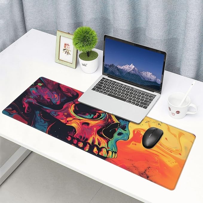 Gaming Mouse Pad Desk Pad,Extended Big Mouse Pad,31.5x11.8 Inch Long Computer Keyboard Mouse Mat Mousepad with 3mm Non-Slip Base and Stitched Edge for Gaming and Office… (Watercolor Skull)