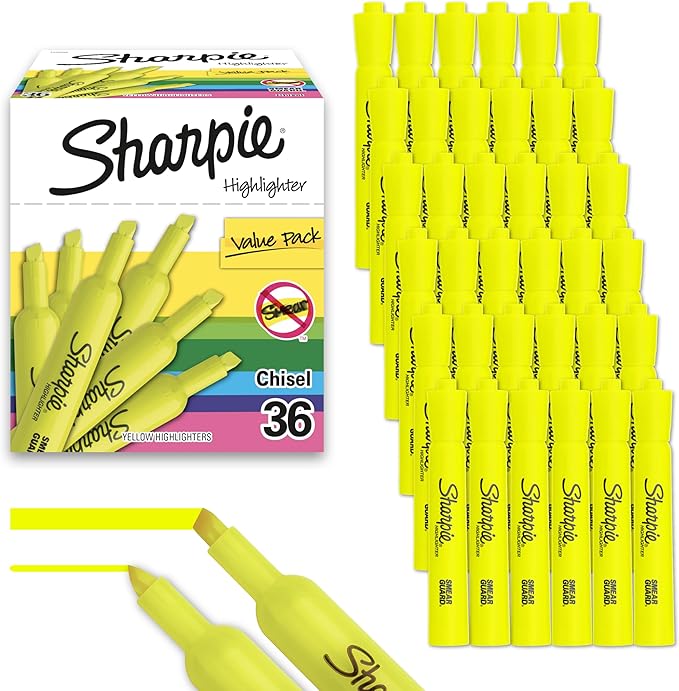 Sharpie Tank Style Bulk Highlighters, Chisel Tip Highlighter Marker Set, Journal Highlighters, Office And Teacher Supplies, Fluorescent Yellow Highlighters, 36 Count