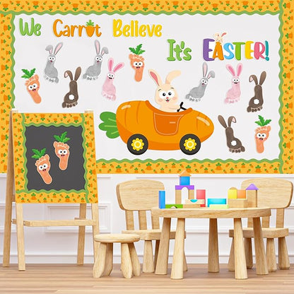 B1ykin 88Pcs Easter Footprint Carrot Bunny Bulletin Board Decoration, We Carrot Believe It’s Easter Cutout with Border Trim, Carrot Car Rabbit Footprints Supply for Kindergarten Preschool Chalkboard