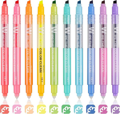 Erasable Highlighters, Dual Tip 10 Colors Erasable Highlighter Pen Assorted Colors, Smooth Writing Book Journaling Highlighters Erasable, No Bleeding Highlighters for Bible Journal Planner