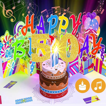 Gumry 50TH Musical Birthday PopUp Card, Blowable Colorful Light Candle 3D Cards with Song, Applause Cheers Sound, Greeting Cards Birthday Gifts Decorations for Women Men Turning 50 Years Old