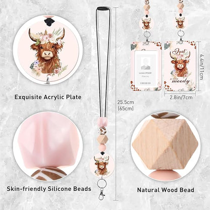 Highland Cow ID Badge Holder with Lanyard, Just a Little Moody Funny Badge Holder with Beaded Adjustable Lanyard, Gifts for Teachers Students Office Workers