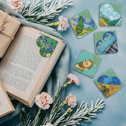 Anseal 8 Pcs Heart Diamond Art Painting Bookmark, DIY Diamond Art Bookmarks for Book Lovers for Kids Adults (Van Gogh Oil Painting Art Style)