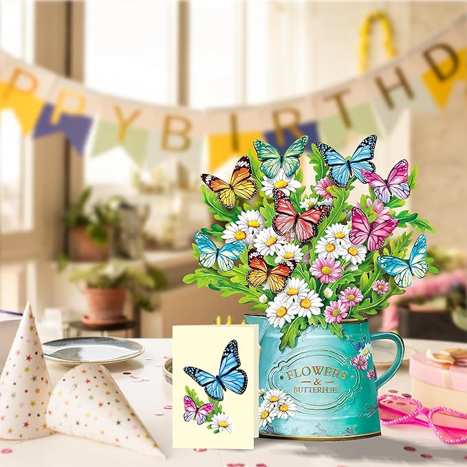 Airpark Pop Up Flower Cards, Paper Flowers Bouquet 12’‘ Daisies and Butterflies 3D Popup Greeting Cards with Blank Note Card and Envelope, Birthday,Easter, Get Well Cards Gifts for Women Mother