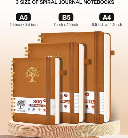 Large Spiral Notebook Journal for Women Men - 300 Numbered Lined Pages, College Ruled,B5 Hardcover Spiral Bound Notebook for School, Work, Note Taking, Writing, Leather Spiral Journal 7"x10"