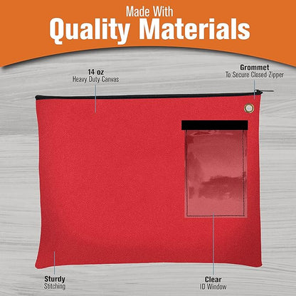 BankSupplies Canvas Interoffice Mailer, 14 oz. - 14W x 11H - Red - Transit Bag - Large Zipper Bag with Grommet - Use with Padlock or Zip Tie for Security - Interoffice Mail Bag